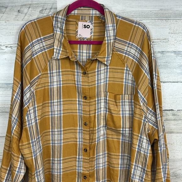 SO Womens Button Down Plaid Shirt Long Sleeve Yellow Plaid XXL - Picture 2 of 7
